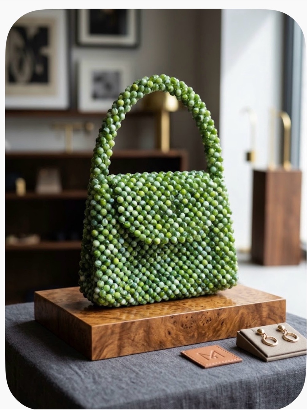 Handcrafted Green Beaded Mini Top-Handle Bag